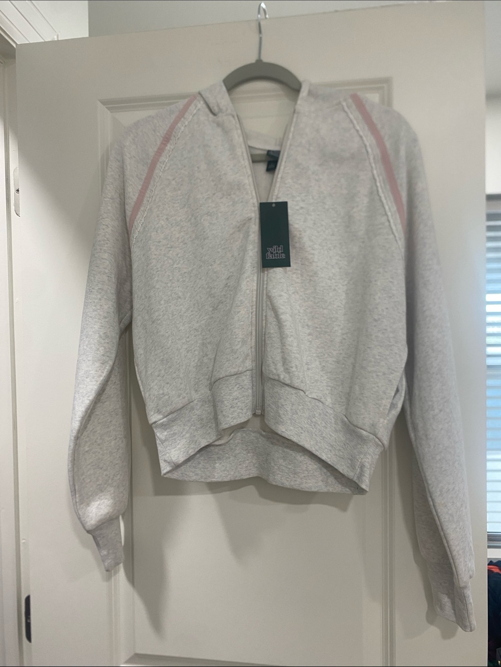 wild fable Light Gray Zip Hoodie with Pale Pink Shoulder Stripes